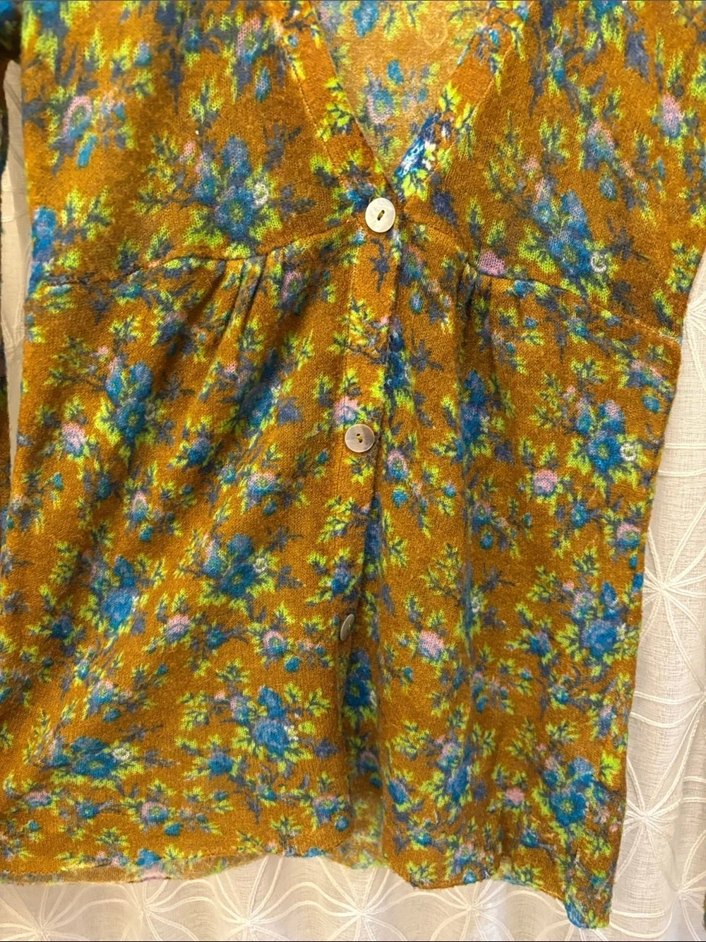 Free People Floral V-Neck Cardigan in Mustard and Blue